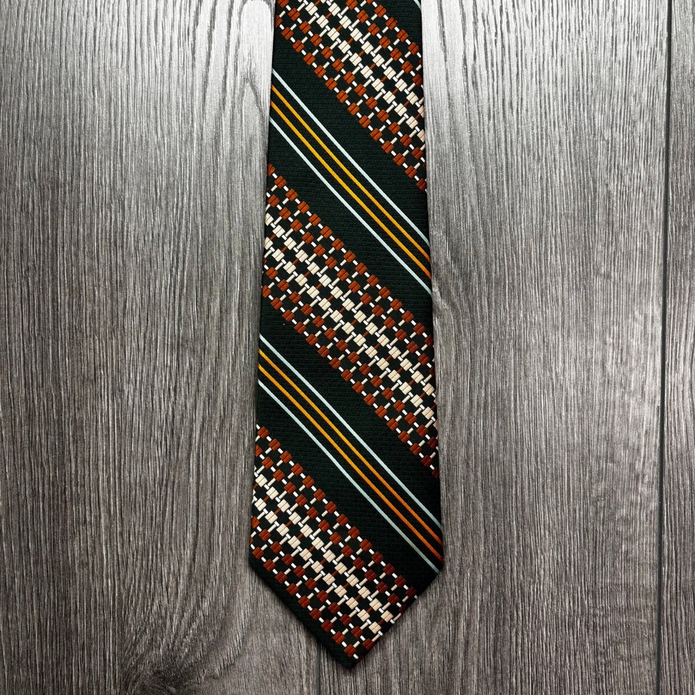 Schiaparelli Vintage Silk Tie Green Orange Geometric Stripe Designer Necktie